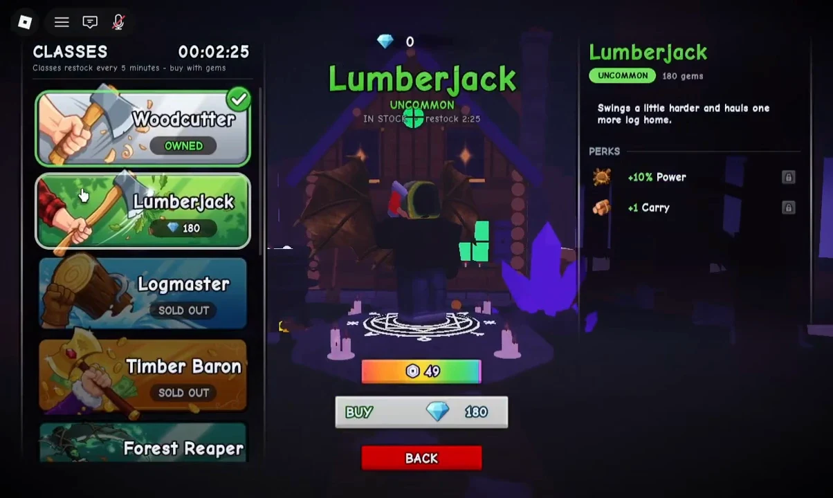 Lumberjack menu showing +10% Power, +1 Carry, a 180-Gem button and a 49-Robux button