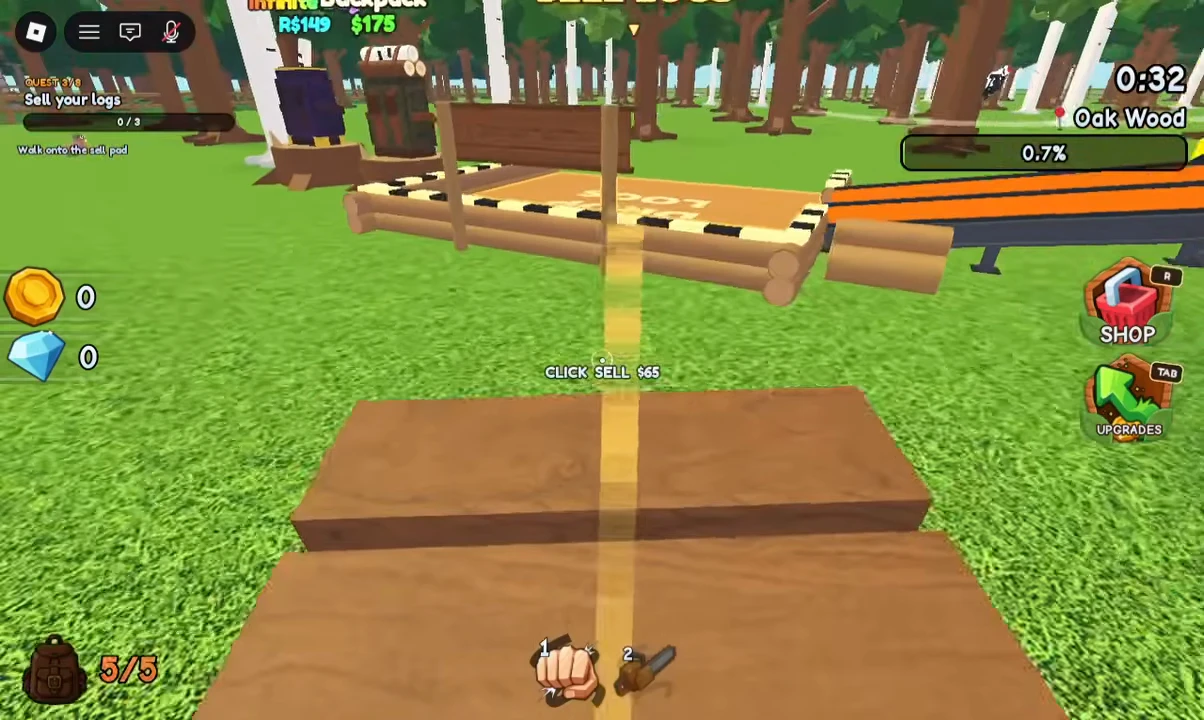 Wooden selling pad beside the orange chipper, with a full log load and the CLICK SELL prompt.